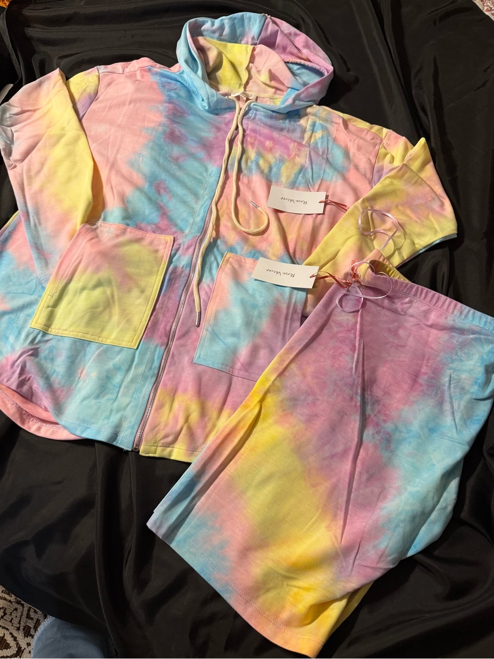NWT Rose Velvet Pastel Tie-Dye Hoodie & Shorts Lounge Set XXL